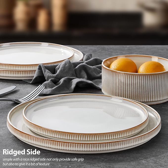 LIANYU 8 Piece Stoneware Plates and Bowls Dishes Set for 2, Dinnerware Sets with Pasta Bowls, Ribbed Dining Ware Dishware for Home Wedding, Microwave and Dishwasher Safe, Dawn Beige