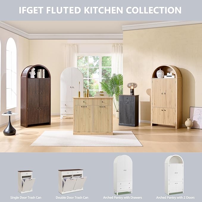 71" Tall Arched Pantry Cabinet, Fluted Kitchen Storage Cabinet with Adjustable Shelves and 2 Large Drawers, Freestanding Morden Versatile Cupboard for Living Room, Bathroom, White
