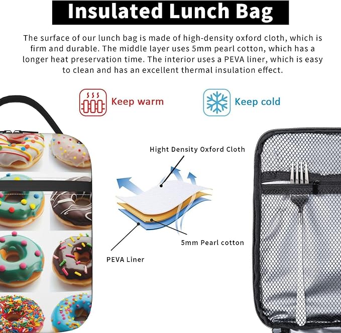 VANZEV Realistic Donut Pattern Insulated Lunch Box Gifts for Kids Adults Funny Colorful Sweet Food Design Reusable Portable Lunchbox Cooler Lunchbag for Work Picnic School Travel or Hiking