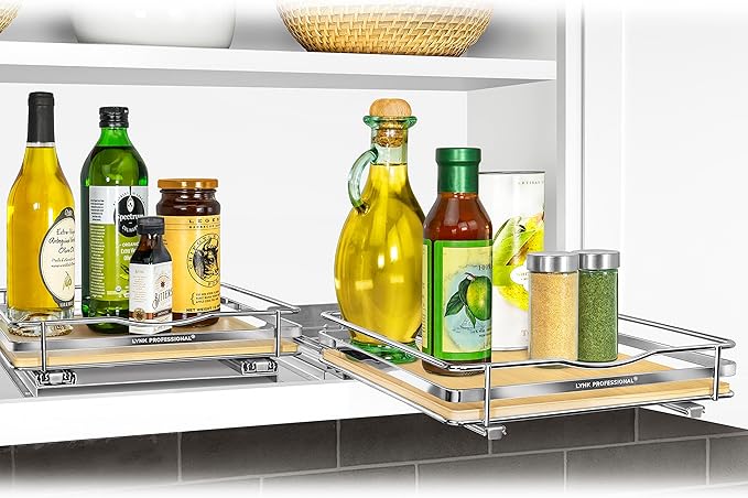 LYNK PROFESSIONAL짰 횋lite??Pull Out Spice Rack Organizer for Inside Kitchen Cabinets - 10-3/8 inch Wide - Slide Out Drawer ??Wood/Chrome Sliding Spice Cabinet Organization Shelf Racks - 1 Tier