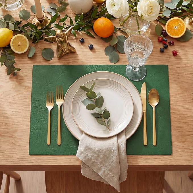 Artoid Mode Green Faux Leather Placemats Set of 4, 12x18 Inch Waterproof Wipeable Heat Resistant Place Mats, Reversible Table Mats for St. Patrick's Day Dining Decor