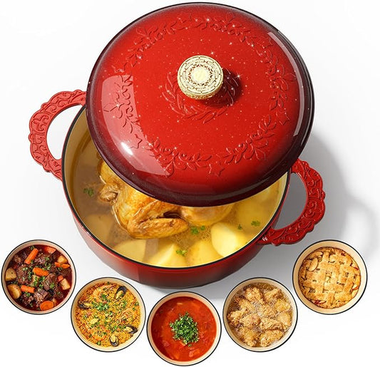 6 Quart Chip-resistant Enameled Cast Iron Dutch Oven Pot with Lid and Elegant Gold Hollow Knob With Handcrafted Inlaid Cubic Zirconia Detail, Safe For Bake,Stew, Braise, Boil, Deep Fry, Roast(Red)
