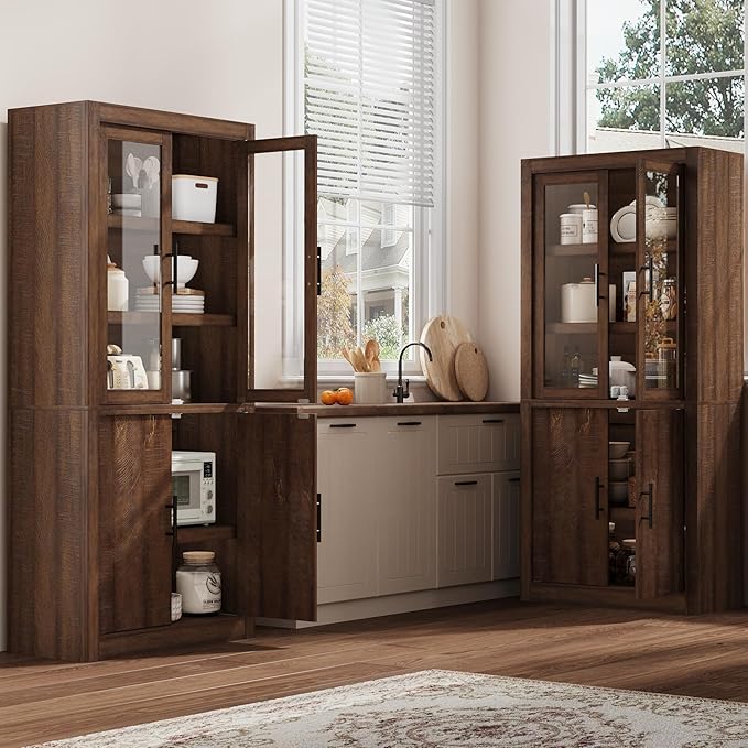 70.45??Tall Farmhouse Kitchen Pantry Cabinet, Wood Storage Cabinet with 4 Doors & Adjustable Shelves, Anti-Tip Design, Sturdy Bookcase for Kitchen/Dining/Office, Walnut-Glass