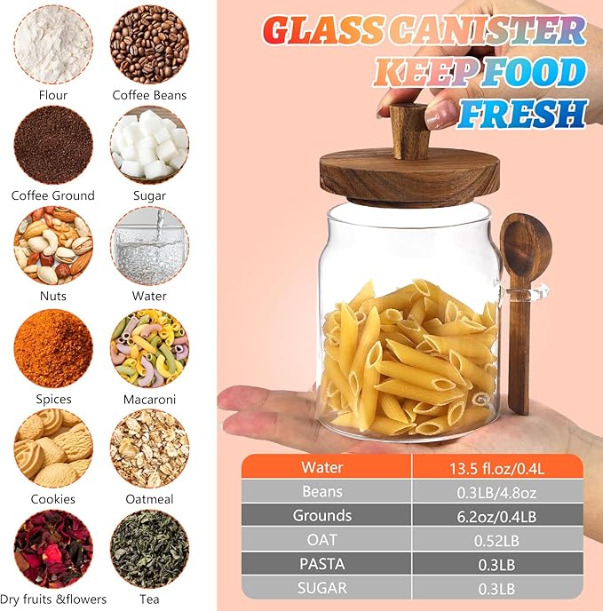 Small Glass Storage Jar with Lids Spoon Coffee Ground Canister Glass Food Containers Jar for Spice Nut Pasta Sugar Candy Rice Tea (400ml/13.5oz-2 pcs-with spoon)