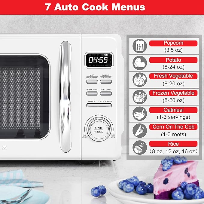 Galanz GLCMKZ07WER07 with Auto Cook & Reheat, Defrost, Quick Start Functions, Easy Clean with Glass Turntable, Pull Handle, White