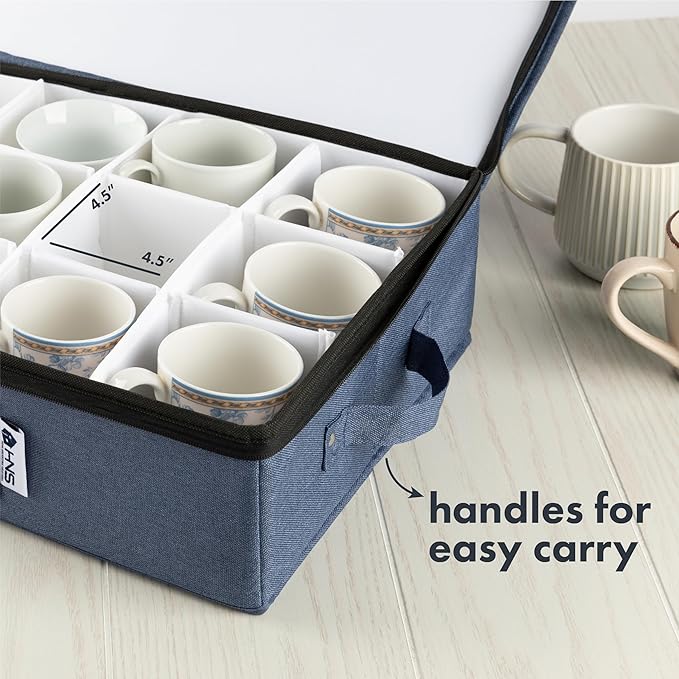 China Storage Hard Shell Containers 5-Piece Set Moving Boxes for Dinnerware, Glasses, Plates, Mugs and Saucers Sturdy Dish Organizer with Dividers for Seasonal Storage - Service for 12 - Denim Blue