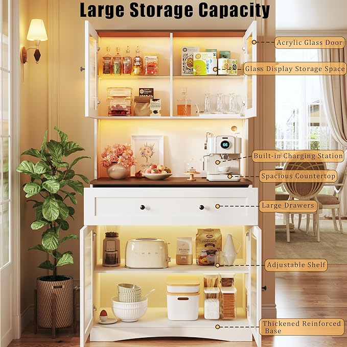 71" Pantry Cabinet with LED Lights and Charging Station, Kitchen Pantry Storage Cabinet with Large Drawer, 4 Doors and 3 Adjustable Shelves, Kitchen Cabinets with Countertop, Light White