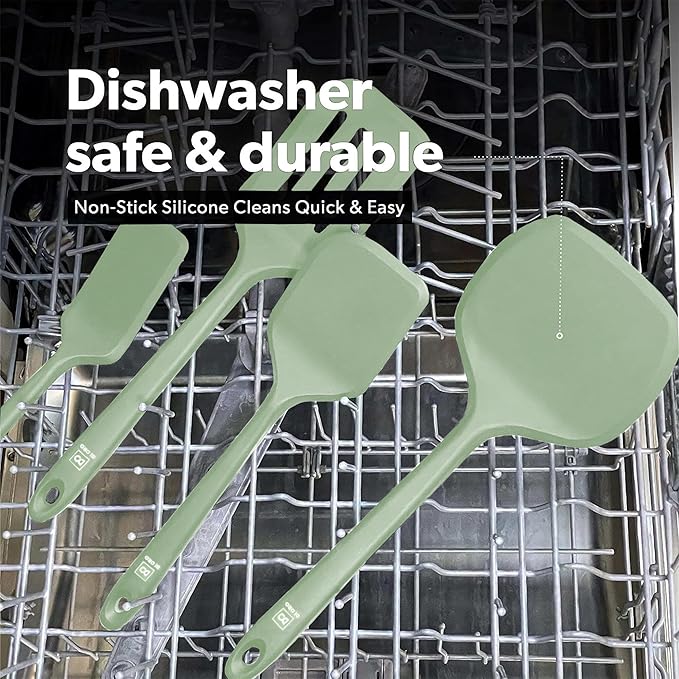 New DI ORO Silicone Turner Spatula Set - Kitchen Spatulas for Nonstick Cookware - Cooking Utensils for Flipping Eggs & Pancakes - 600째F Heat-Resistant BPA Free Turners - Dishwasher Safe (4pc, Sage)