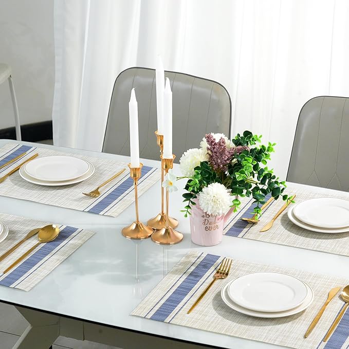 flohar Placemats Set of 12竊똍on-Slip PVC Weave Table Mats Easy to Clean竊똇eat Resistant Place Mats for Kitchen Dining Table Decoration Indoor Outdoor竊똊haki Blue