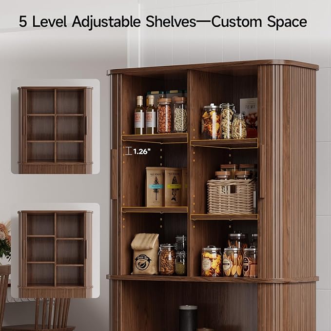 ONBRILL 71" Fluted Pantry Cabinet, Tall Kitchen Pantry Storage Cabinet with 2 Pegboards, 4 Hooks & Adjustable Shelves, Wood Cupboard for Kitchen, Dining Room, Living Room and Hallway, Walnut