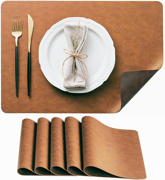 DOLOPL Thanksgiving Placemats Set of 6 Reversible Dual-Color Table Placemats ??Heat Resistant Wipeable & Washable Place Mats, Luxury Faux Leather Table Mats for Table Decor(Reddish Brown & Brown)
