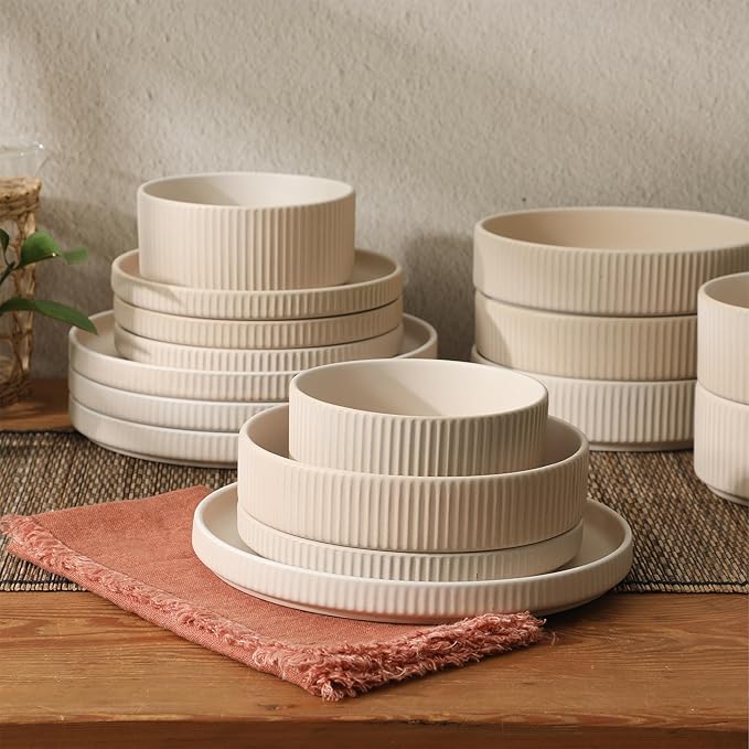 Gibson Elite Deerfield 16-Piece Stoneware Dinnerware Set ??Cream White Reactive Glaze Plates and Bowls, Stackable Design, Service for 4 ??Dishwasher & Microwave Safe