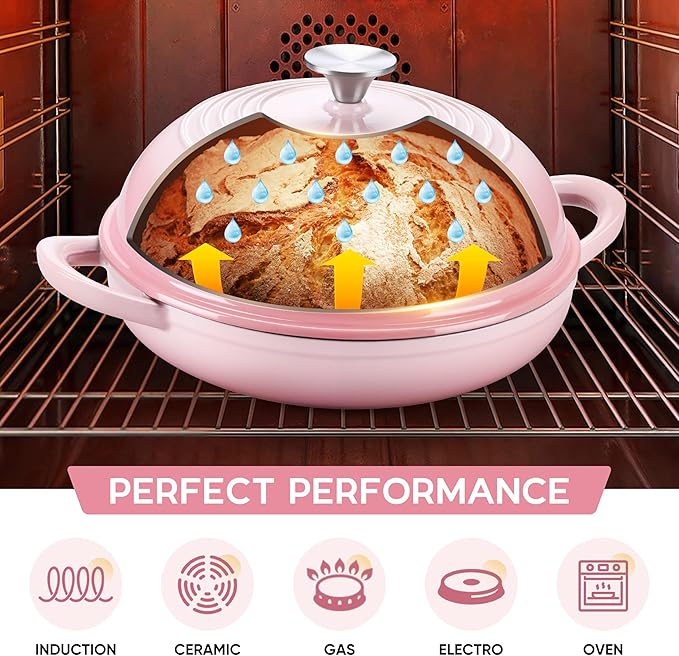 E-far Dutch Oven for Sourdough Bread Baking, 6 Qt Round Enameled Cast Iron Dutch Oven for Homemade Artisan Bread, Dome Lid & Shallow Base, Matte Black Interior & Durable, Oven-Safe to 500?? Pink