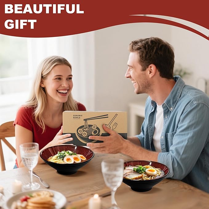 9.4-Inch 4 Sets Ceramic Ramen Bowl (16 Piece) - Japanese Porcelain Dishwasher Microwave Safe Salad Noodles Cereal Pasta Soup Large Bowls with Chopsticks Forks Spoons for Men Women Housewarming Gift