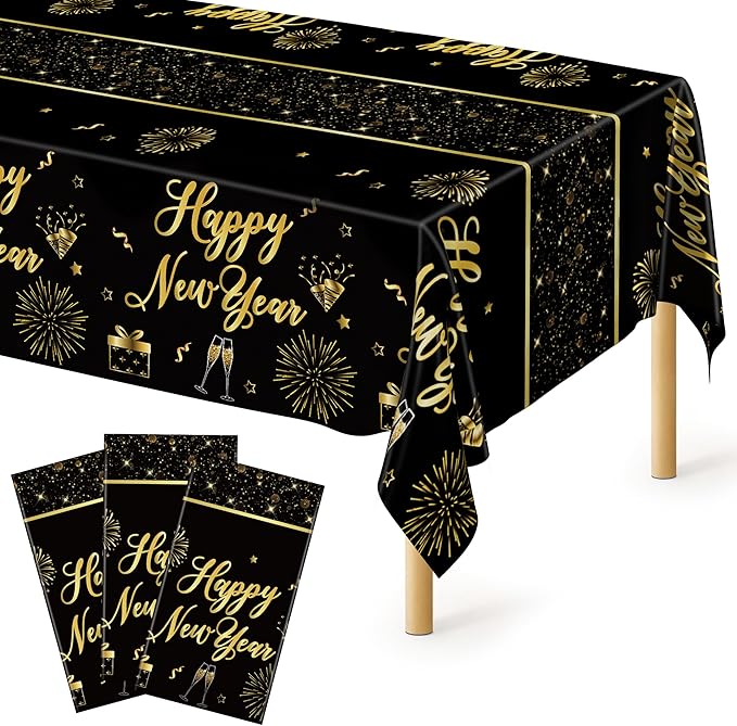 3 Pack New Years Eve Tablecloth, 108 x 54 Inches Disposable Plastic NYE Table Cover 2026, Rectangle New Years Tablecloth with Black Gold Firework Design, Waterproof Table Cover for Nye Party Supplies