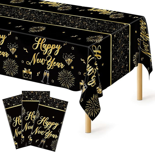 3 Pack New Years Eve Tablecloth, 108 x 54 Inches Disposable Plastic NYE Table Cover 2026, Rectangle New Years Tablecloth with Black Gold Firework Design, Waterproof Table Cover for Nye Party Supplies