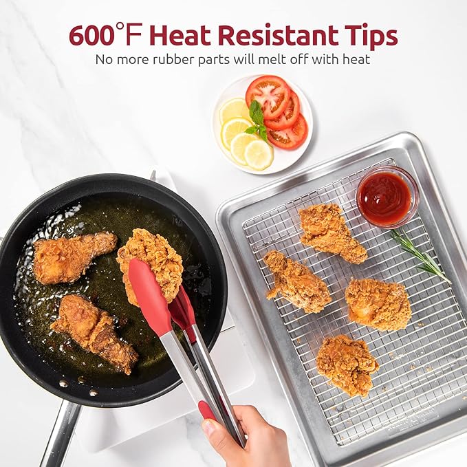 600쨘F Heat Resistant Kitchen Tongs: U-Taste 12 inch Large Silicone Cooking Tong with Sturdy Non Stick Rubber Tips & Silicon Coated 18/8 Stainless Steel Handle & Smooth Locking for Serving Grill (Red)