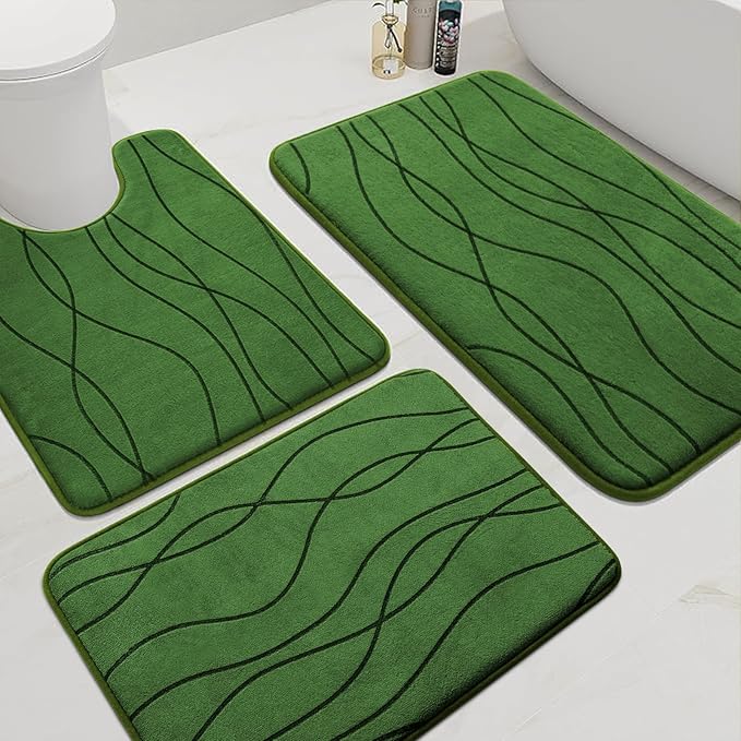 YIHOUSE Memory Foam Bathroom Rug Sets 3 Piece, Ultra Absorbent Bath Mat for Bathroom - Non-Slip Machine Washable & Dry Quickly, 3 Piece Bathroom Mat Set (Glass Green, 3 Pieces)