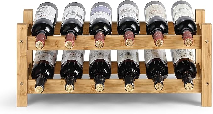 HYNAWIN 2 Tiers Bamboo Wine Rack Free Standing Wine Display Stand Wine Storage Rack Shelf Wine Bottle Holder for Home Living Room Kitchen Bar