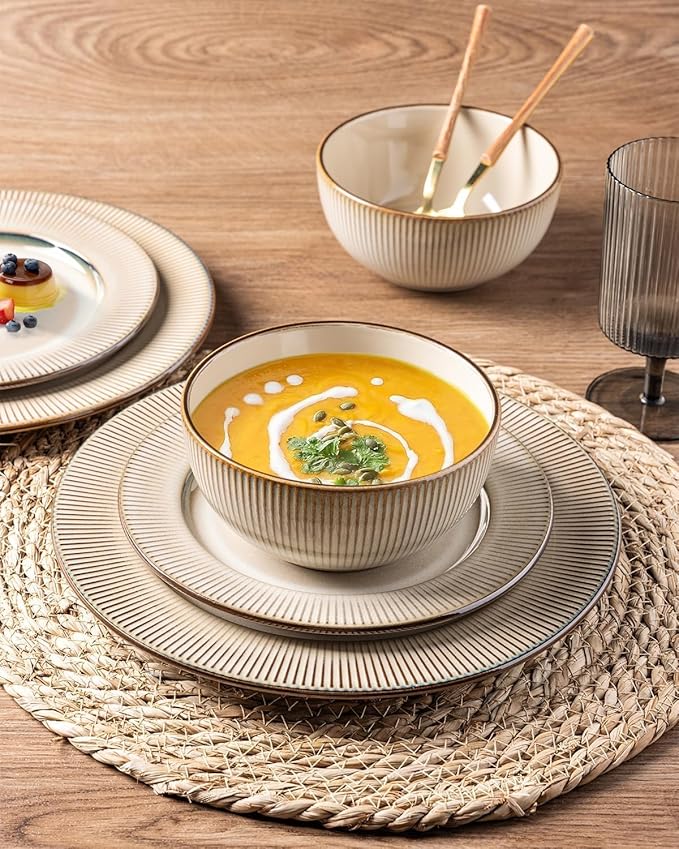 GBHOME Ceramic Dinnerware Sets, 18 Piece Embossed Elegant Stoneware Plates and Bowls Sets, Housewarming Wedding Gift | Dishwasher & Microwave Safe | Dishes Set Service for 6