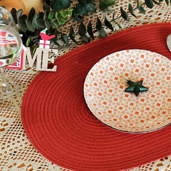 Noctiflorous Oval Braided Placemats Set of 6 Woven 12x18 Inch Non Slip Washable Heat Resistant Place Mats Round Tablemats for Dining Kitchen Party Daily Table Decor Dinner Mats (Red Shine, 6)