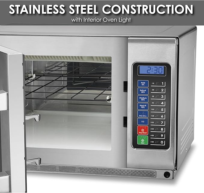 Waring Commercial WMO120 Heavy Duty Microwave Oven, 1.2 Cubic Feet, 10 Programmable Memory Settings, 5 Power Levels, Stainless Steel Construction, 208/230V, 1800W Dual Magnetrons, 6-15 Phase Plug