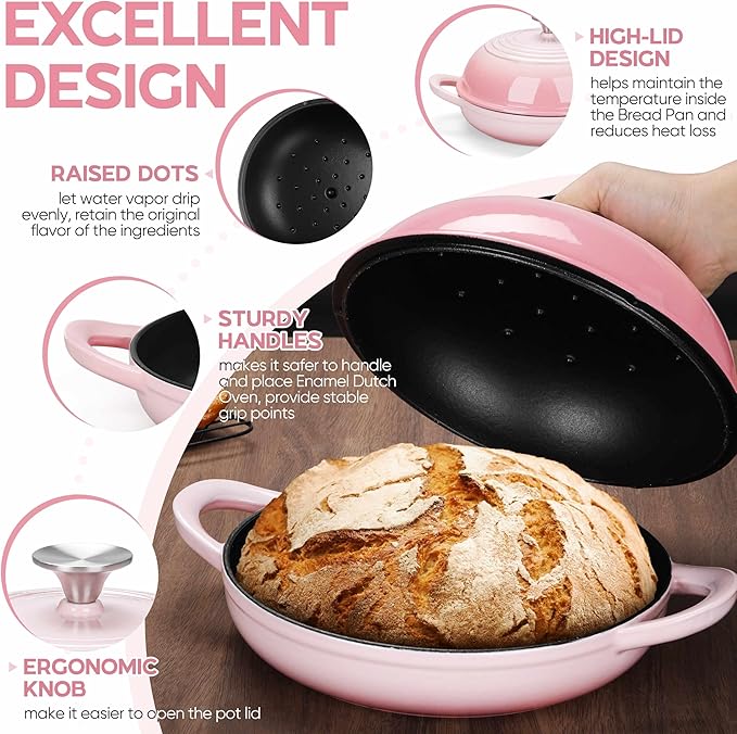 E-far Dutch Oven for Sourdough Bread Baking, 6 Qt Round Enameled Cast Iron Dutch Oven for Homemade Artisan Bread, Dome Lid & Shallow Base, Matte Black Interior & Durable, Oven-Safe to 500?? Pink