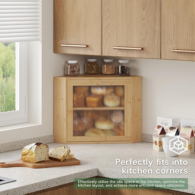 Bamboo Corner Bread Box for Kitchen Countertop - Wavy Acrylic Door, Adjustable 2-Layer Bread Storage Container, Large Bread Holder