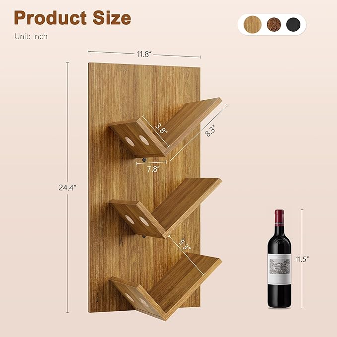 Hoctieon Wine Rack Wall Mounted, 6 Bottles Hanging Wine Racks Bar Shelves for Display & Storage, Rustic Wood Wine Bottle Holder for Home Bar, Kitchen, Dining Room,Warm Brown