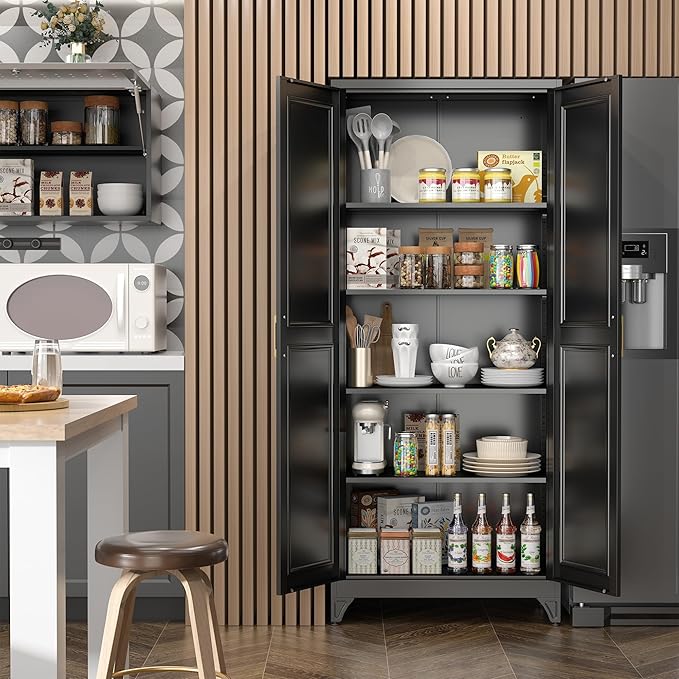 Kitchen Pantry Cabinet,75?쒫lack Metal Storage Cabinets with Doors and 4 Adjustable Shelves,Kitchen Cabinet with 2 Gold Handles,Tall Cabinet for Livingroom, Bathroom