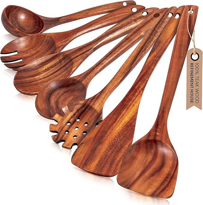 Premium Teak Wooden Utensil Set, 7-Piece Handcrafted Cooking Spoons & Spatulas ??Nonstick Safe, Durable, Heat-Resistant Wooden Utensils for Everyday Cooking