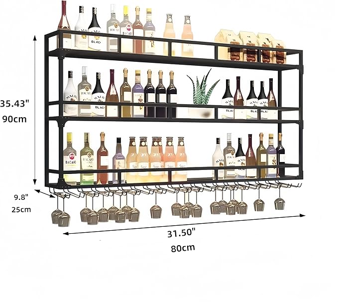 31 Inch 3-Tier Wall Mounted Wine Rack with LED Light, Stylish Wall Bar Shelves for Liquor Bottles & Hanging Glasses, Bar Shelves Wall Mounted for Kitchen, Dining Room & Home Bar, Black