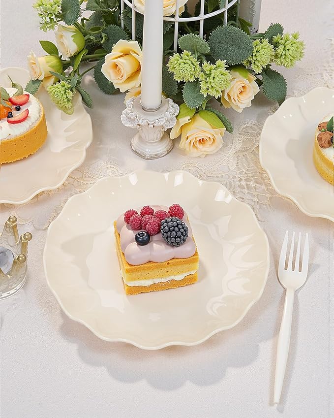 LIYH 20 Pcs Beige Plastic Plates Reusable 7.5 Inch - Unbreakable Plastic Dessert Plates - Scalloped Cake Plate for Weddings Camping Party Outdoor Picnics Dishwasher Safe BPA Free