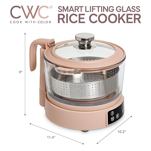 COOK WITH COLOR 3L Glass Mini Low Carb Rice Cooker ??Holds 2 Cups Raw/Makes 6 Cups Cooked with Auto Lift Filter Basket, Hotpot & Steamer for Rice, Grains, Digital Panel with Keep Warm, Dusty Rose
