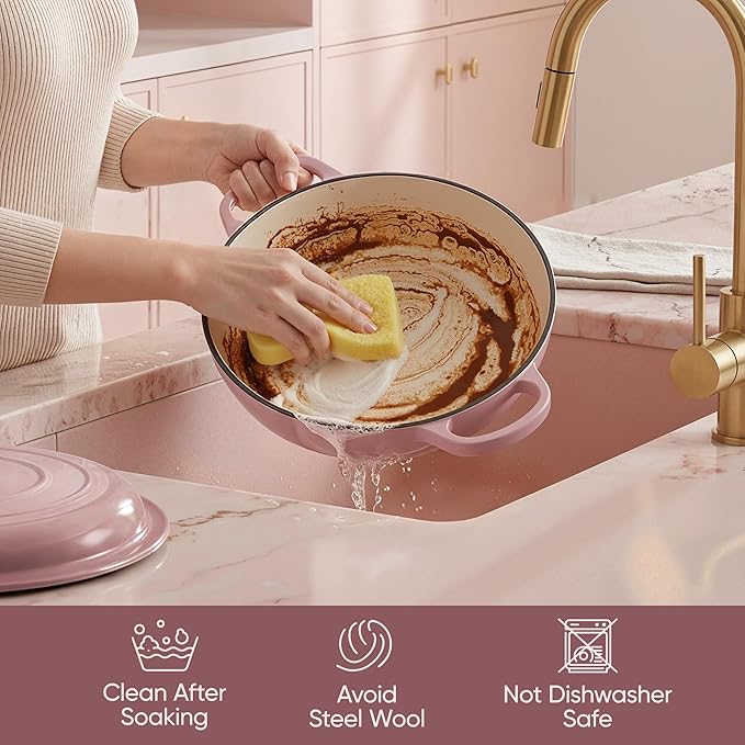 Vintage Style 3 Quart Enameled Cast Iron Braiser, Non Stick Enameled Cast Iron Skillet with Lid, Dutch Oven Skillet with lid up to 500째F for Oven, Stove, Grill, Shallow Dutch Oven for Cook, Bake (Pink)