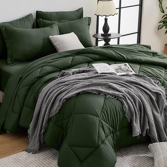 HEVUMYI Army Green Full Comforter Set - 7-Piece All Season Bed in a Bag Full, Ultra Soft Bedding Set with Comforter, Flat Sheet, Fitted Sheet, Pillowcases, Pillow Shams
