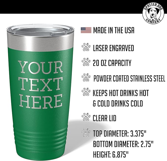 Personalized 20oz (17 Colors) Powder Coated Insulated Stainless Steel Tumbler with Lid, Custom Etched, Customized Text Message Name, Engraved Gift Idea Women Men Him Her, Your Text Here (Green)