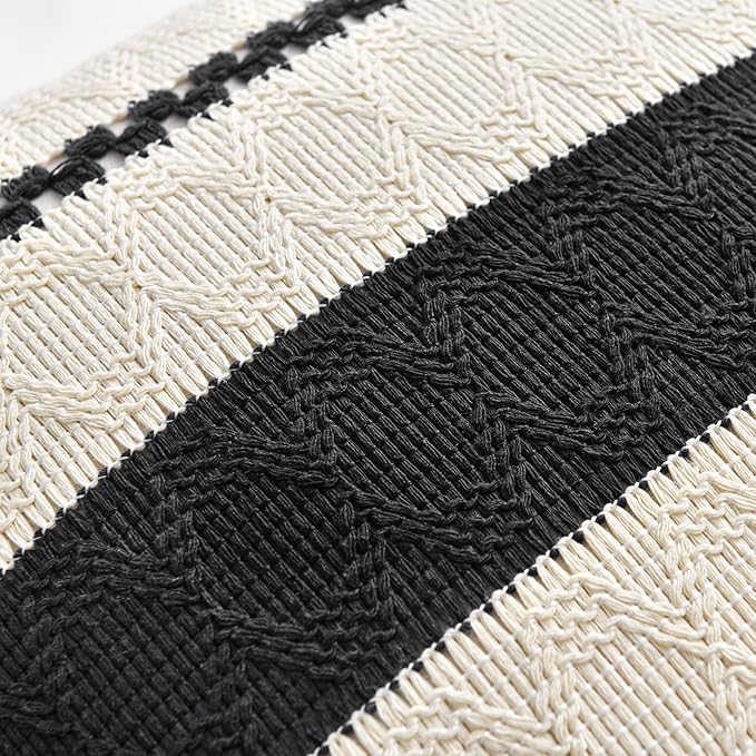 Fancy Homi Set of 2 Boho Black Decorative Throw Pillow Cover 16x16 Inch for Couch Bed Sofa, Aesthetic Modern Organic Farmhouse Home Decor, Soft Cotton Cute Accent Macrame Woven Cushion Case