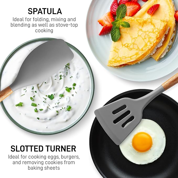 Zulay Kitchen Utensils Set Non-Stick Silicone Cooking Utensils Set with Authentic Acacia Wood Handles - 5 Piece Silicone Utensil Set - Kitchen Utensils Set with 464째F Heat Resistance - Gray