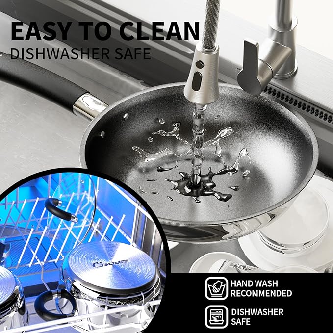 Pots and Pans Set, Stainless Steel Cookware Set of 6, Non Stick Frying Pans, 5 Ply Base Dishwasher Safe