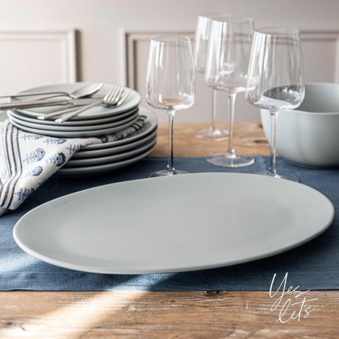 over&back Coupe Stoneware Serving Platter - Elegant 1-Piece Oval Serving Platter to Complete Your Kitchen Set - 16.4" x 11.5" - Semi-Matte Fog Blue
