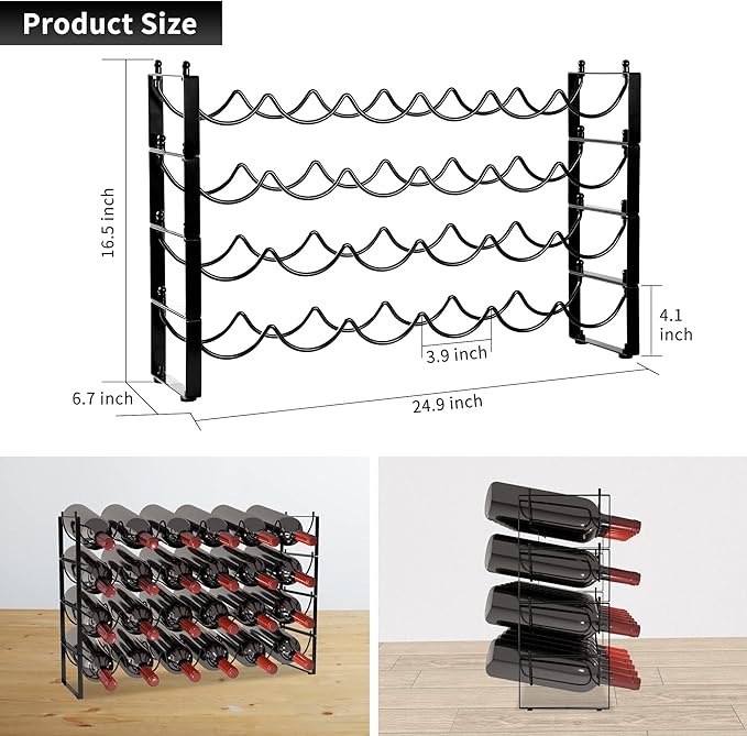 TONLEA 4 Tier Wine Rack - 3-in-1, Stackable, 24-Bottle Wine Storage Rack for Cabinet or Pantry (Dark Black, Version 3.0)