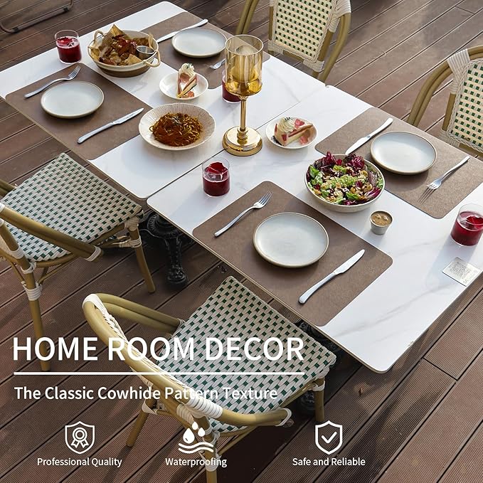 EDanle Cowhide Pattern Faux Leather Placemats Set of 6,Heat Resistant Non-Slip Waterproof Wipeable Washable Kitchen Dining PU Table Place Mats,Double-Sides Available,Dark Brown