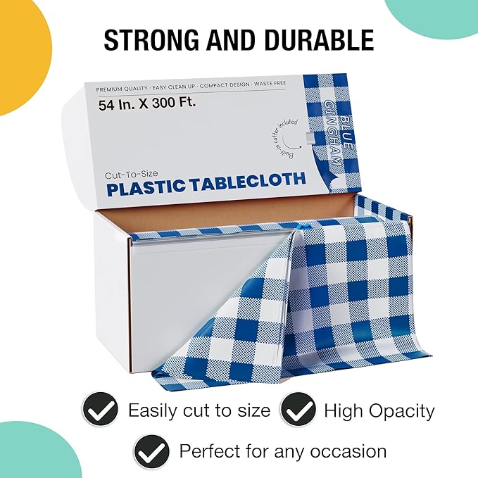 Party Solids 54 Inch X 300 Feet Blue Gingham Plastic Table Cover Roll in A Cut - to - Size Box with Convenient Slide Cutter. Cuts Up to 36 Rectangle 8 Feet Plastic Disposable Tablecloths