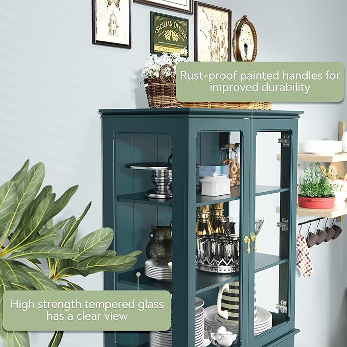 ARTPOWER 72" Freestanding Kitchen Pantry Storage Sideboard, Classical Tall Cabinet with Glass Door and Adjustable Shelves for Kitchen, Livingroom and Dining Room, Dark Teal