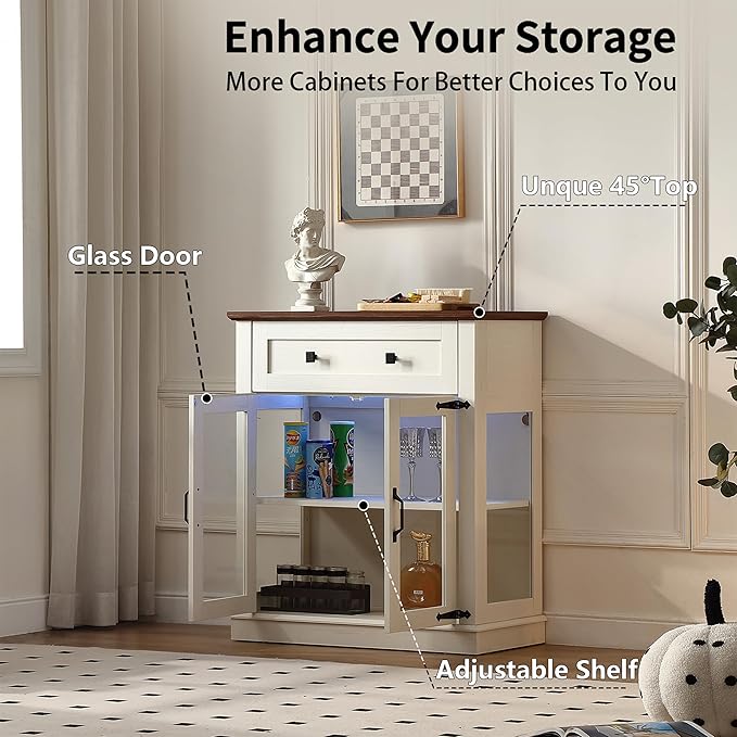 31.5'' Modern Small Buffet Cabinet with Storage,Buffet Sideboard with Two Glass Doors and a Drawer,Small Coffee bar Cabinet with Adjustable Shelf,for Kitchen,Antique White