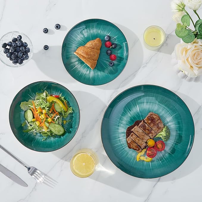 Bestone Porcelain Dinnerware Sets Service for 4, 12 pcs Hand drawn Plates and Bowls Sets, Handmade Ceramic Dish Set, Chip Resistant Modern Plate Set, Dishwasher/Microwave Safe竊똕tarburst Green