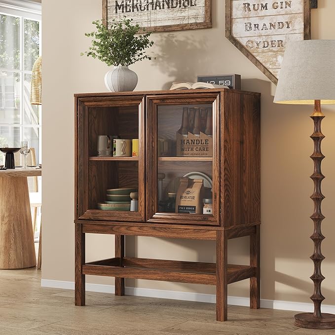 Sideboard Buffet Cabinet with Storage Set of 2, Small Kitchen Coffee Wine Bar Cabinet with Glass Doors, Wood Mid Century Modern Side Board Table for Dining Room, Living Room