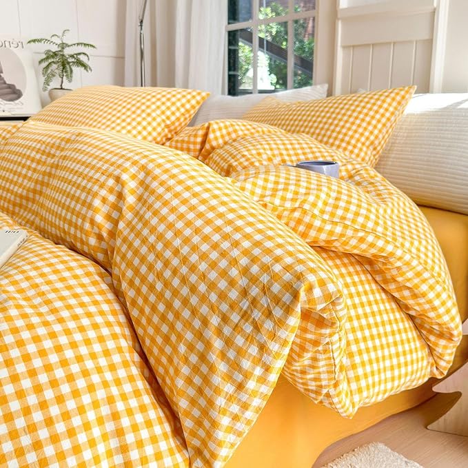 LifeTB Queen Comforter Set Modern Style Yellow Gingham Comforter Geometric Plaid Printed Bedding Comforter with 2 Pillow Shams Fluffy Lightweight Gingham Bedding Grid Checkered Comforter Set