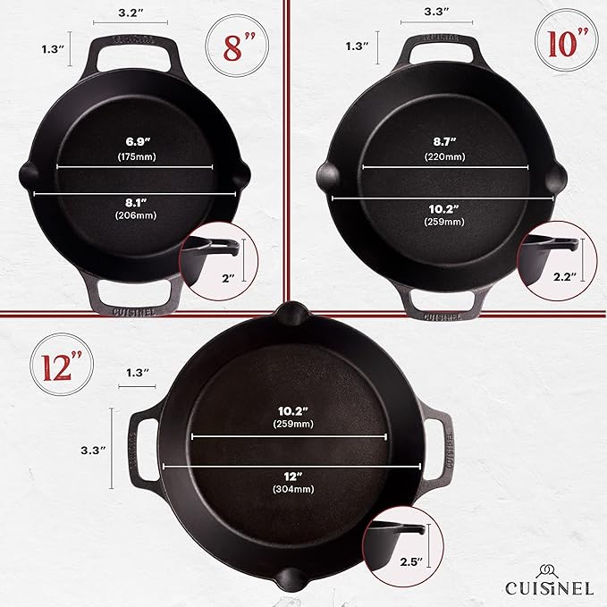 Cast Iron Skillet Set - 8" + 10" + 12"-Inch Dual Handle Frying Pans + Silicone Handle Holder Covers + Pan Scraper - Pre-Seasoned Oven, Grill, Stovetop, Induction Safe Cookware - Indoor/Outdoor Use